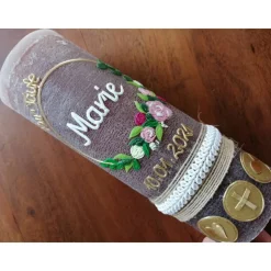 RUSTICA VINTAGE-Look SHABBY Rustikal Taufkerze floral Kreuz Herz Mädchen Junge Kerze keine Folie Wachsbeschriftung