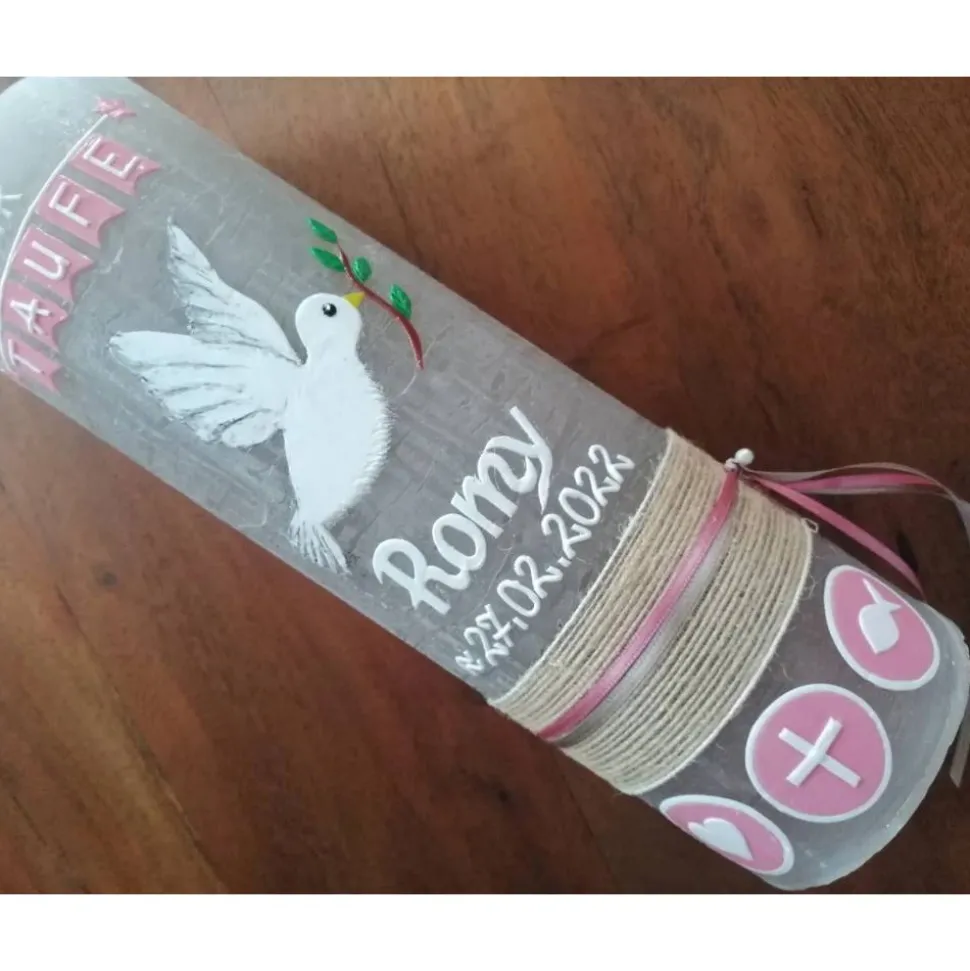 RUSTICA VINTAGE-Look SHABBY Rustikal Taufkerze Taube Mädchen Junge Kerze keine Folie Wachsbeschriftung