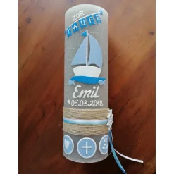 RUSTICA VINTAGE-Look SHABBY Rustikal Taufkerze Boot Arche blau Mädchen Junge Kerze keine Folie Wachsbeschriftung