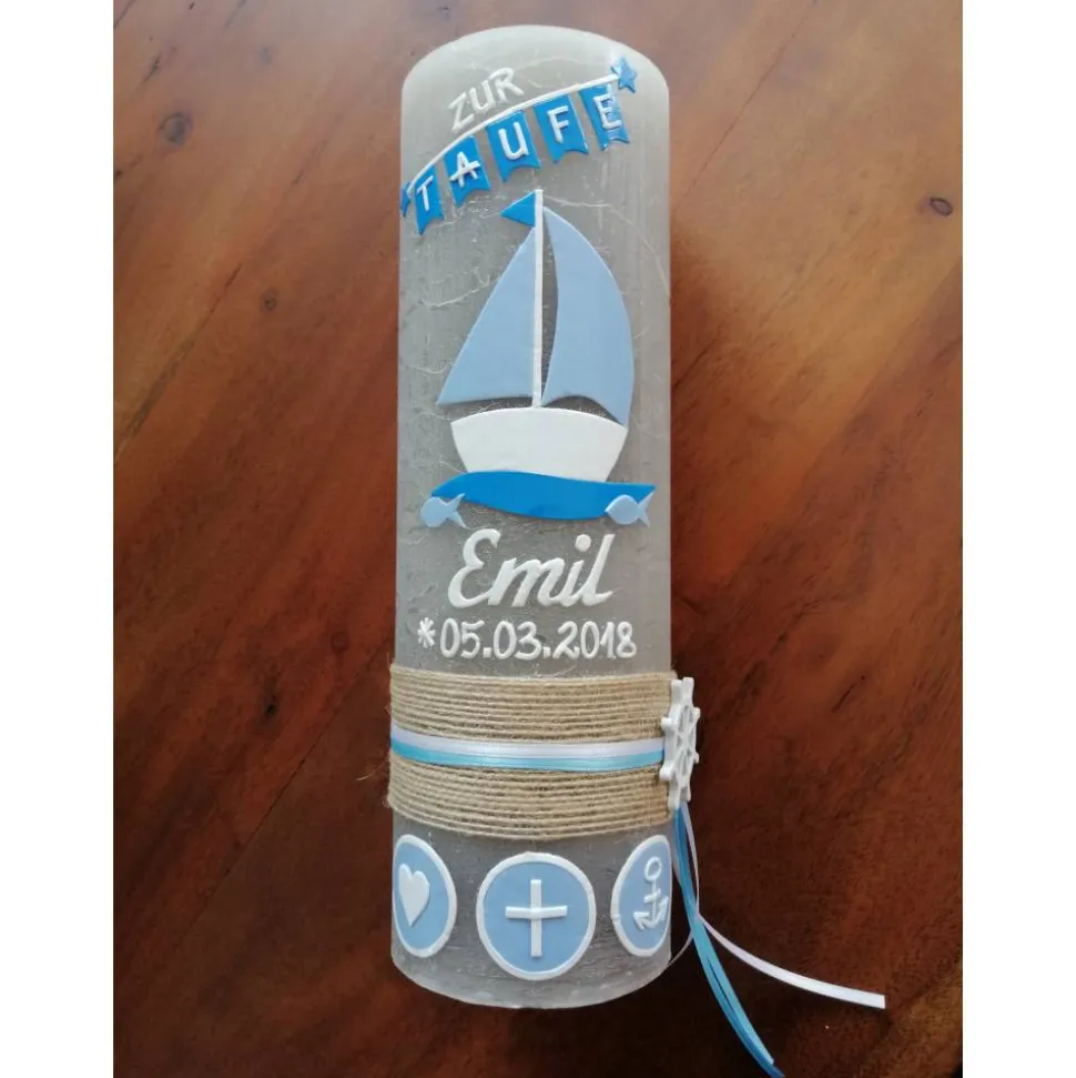 RUSTICA VINTAGE-Look SHABBY Rustikal Taufkerze Boot Arche blau Mädchen Junge Kerze keine Folie Wachsbeschriftung