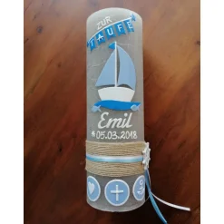 RUSTICA VINTAGE-Look SHABBY Rustikal Taufkerze Boot Arche blau Mädchen Junge Kerze keine Folie Wachsbeschriftung