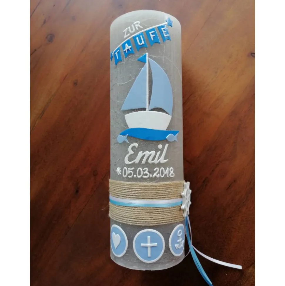 RUSTICA VINTAGE-Look SHABBY Rustikal Taufkerze Boot Arche blau Mädchen Junge Kerze keine Folie Wachsbeschriftung