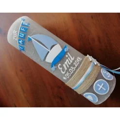 RUSTICA VINTAGE-Look SHABBY Rustikal Taufkerze Boot Arche blau Mädchen Junge Kerze keine Folie Wachsbeschriftung