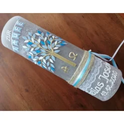 RUSTICA VINTAGE-Look SHABBY Rustikal Taufkerze Lebensbaum Alpha Omega Jungen Kerze keine Folie Wachsbeschriftung