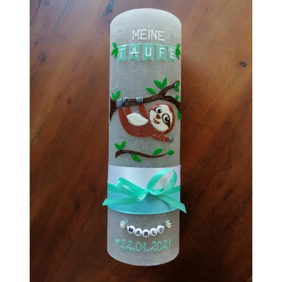 RUSTICA VINTAGE-Look SHABBY Rustikal Taufkerze Faultier Mädchen Junge Kerze keine Folie Wachsbeschriftung