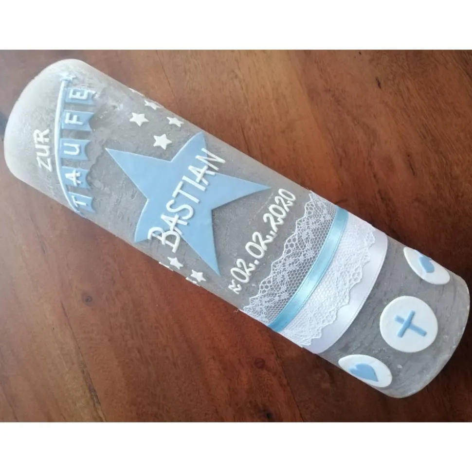 RUSTICA, VINTAGE-Look, SHABBY, Rustikal, Taufkerze, Stern, Wimpel, Mädchen, Junge, Kerze, Taufe, keine Folie, inkl Wachs