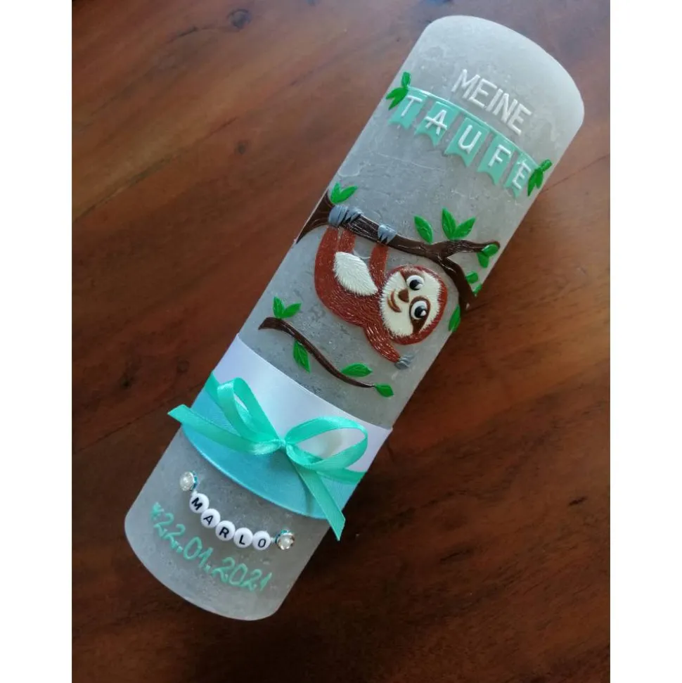 RUSTICA VINTAGE-Look SHABBY Rustikal Taufkerze Faultier Mädchen Junge Kerze keine Folie Wachsbeschriftung