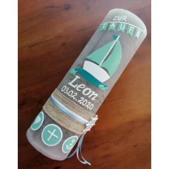 RUSTICA VINTAGE-Look SHABBY Rustikal Taufkerze Boot Arche Mädchen Junge Kerze keine Folie Wachsbeschriftung