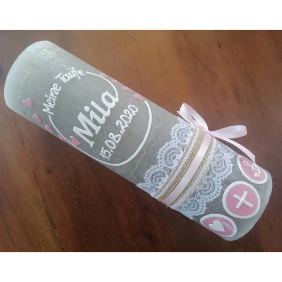 RUSTICA VINTAGE-Look SHABBY Rustikal Taufkerze Kreuz Herz Anker rosa Mädchen Kerze grau keine Folie Wachsbeschriftung