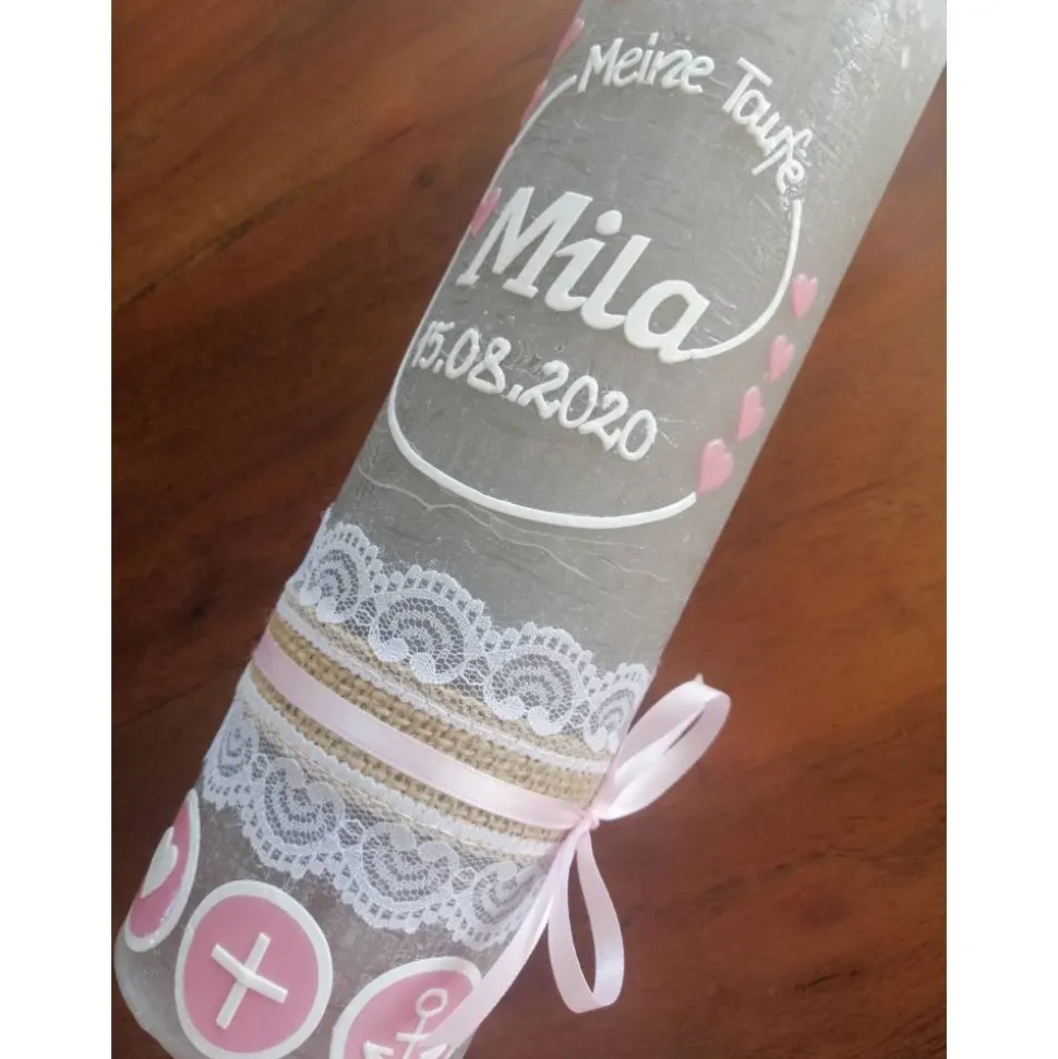 RUSTICA VINTAGE-Look SHABBY Rustikal Taufkerze Kreuz Herz Anker rosa Mädchen Kerze grau keine Folie Wachsbeschriftung