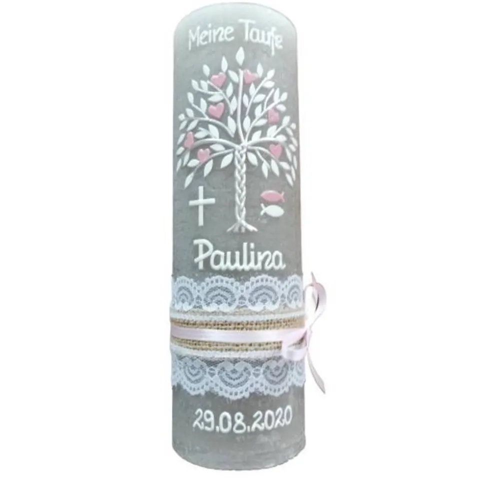 RUSTICA VINTAGE-Look SHABBY Rustikal Taufkerze Lebensbaum Baum Kreuz Mädchen Kerze keine Folie Wachsbeschriftung