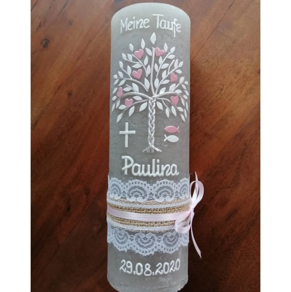 RUSTICA VINTAGE-Look SHABBY Rustikal Taufkerze Lebensbaum Baum Kreuz Mädchen Kerze keine Folie Wachsbeschriftung