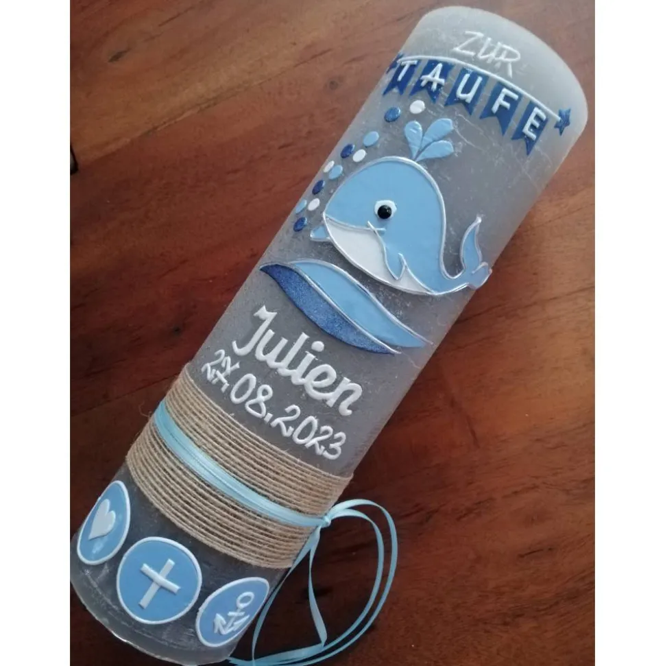 RUSTICA, VINTAGE-Look, SHABBY, Rustikal, Taufkerze, Wal, Fisch Mädchen, Junge, Kerze, keine Folie, Wachsbeschriftung, Fa