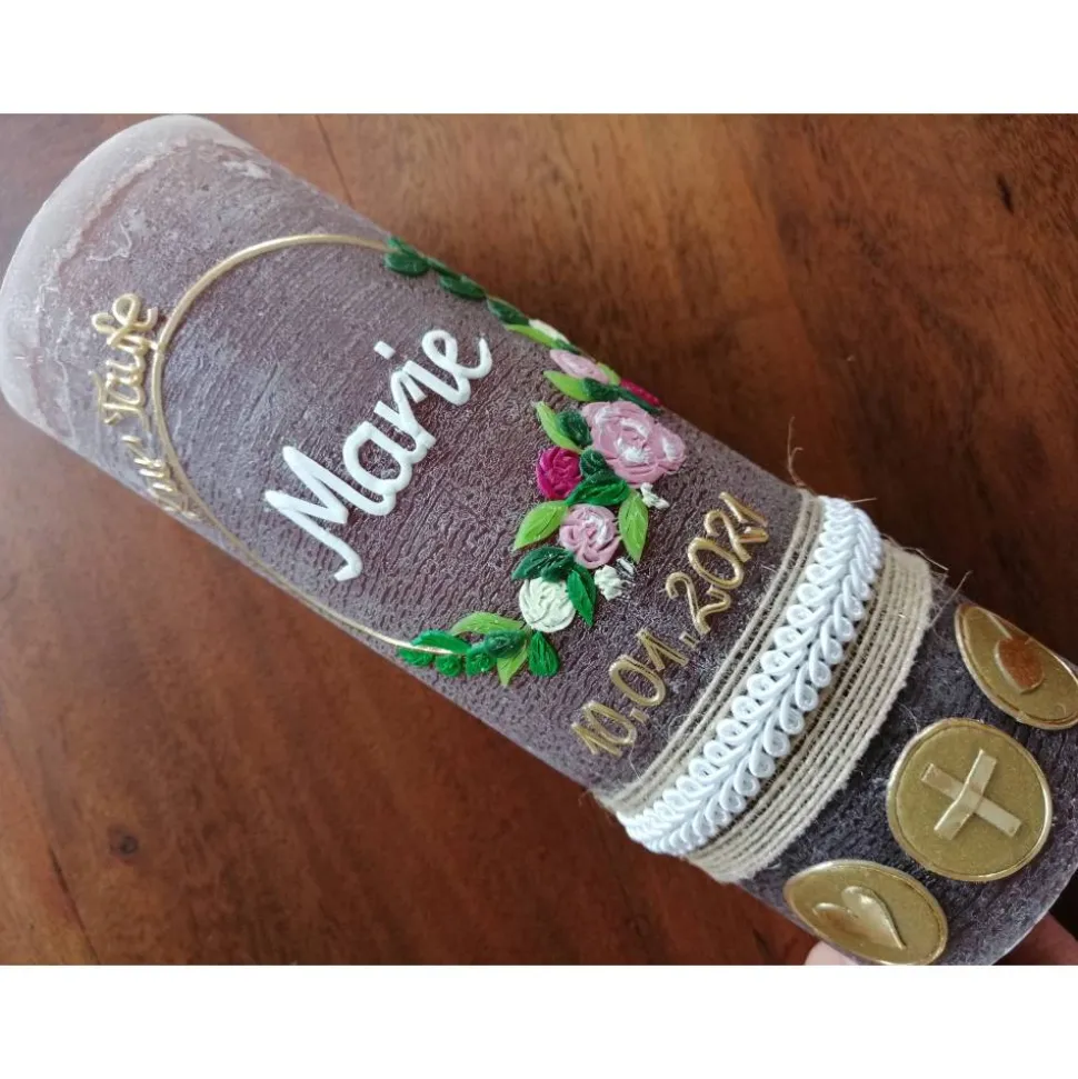 RUSTICA, VINTAGE-Look, SHABBY, Rustikal, Taufkerze, Blumen, floral, Mädchen, Kerze, keine Folie, Wachsbeschriftung, Farb