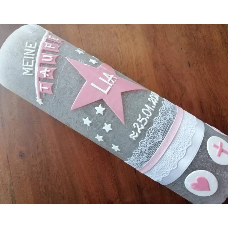 RUSTICA VINTAGE-Look SHABBY Rustikal Taufkerze Stern Kreuz Herz Fisch Mädchen Junge Kerze keine Folie Wachsbeschriftung