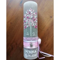 RUSTICA VINTAGE-Look SHABBY Rustikal Taufkerze Lebensbaum Alpha Omega Mädchen Kerze keine Folie Wachsbeschriftung