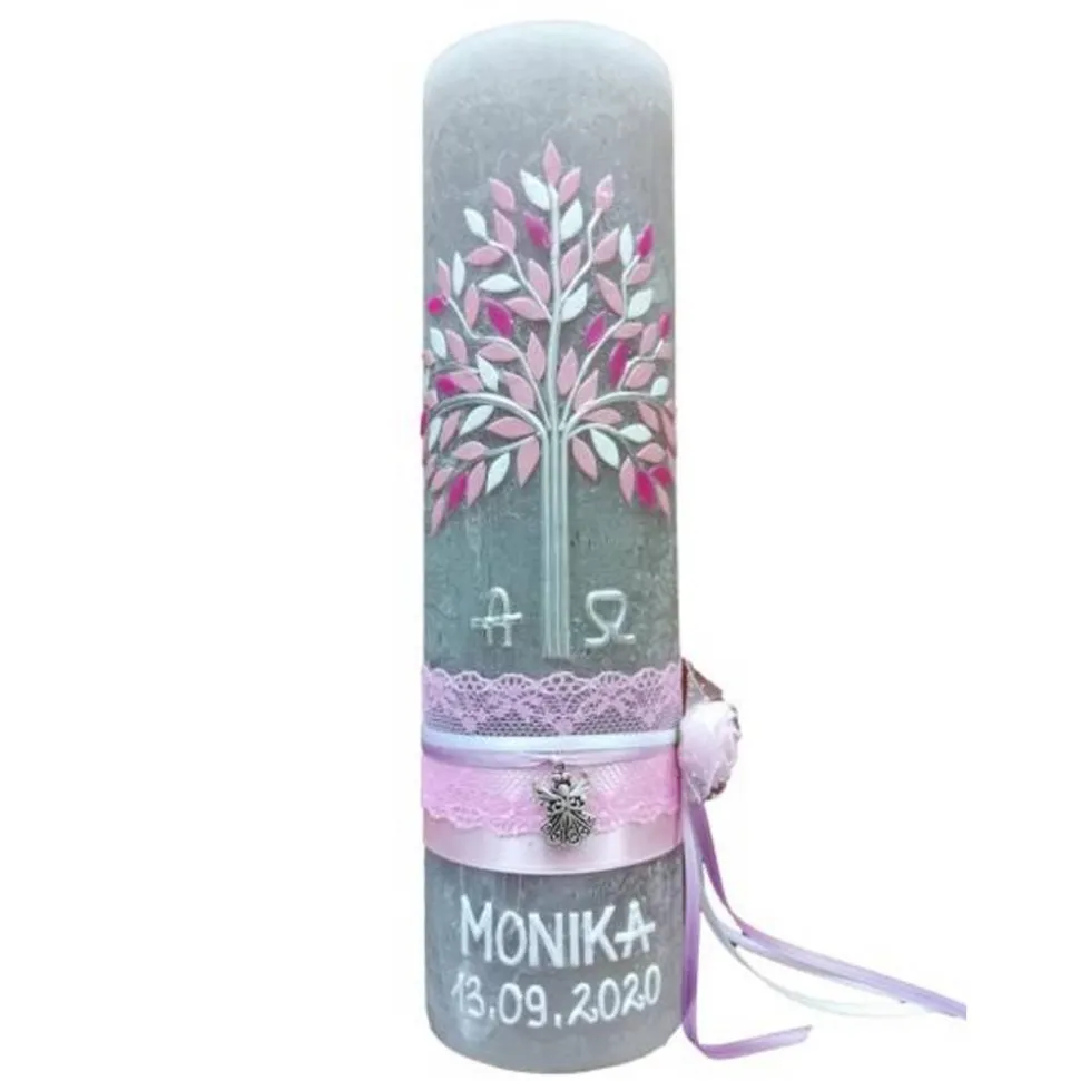 RUSTICA VINTAGE-Look SHABBY Rustikal Taufkerze Lebensbaum Alpha Omega Mädchen Kerze keine Folie Wachsbeschriftung