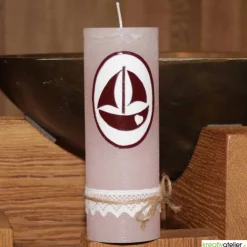 Rustik Geburtskerze personalisierbar mit Segelschiff und Klöppelspitze, Geschenk Geburt Mädchen mit Namen,