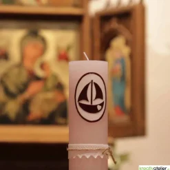 Rustik Geburtskerze personalisierbar mit Segelschiff und Klöppelspitze, Geschenk Geburt Mädchen mit Namen,