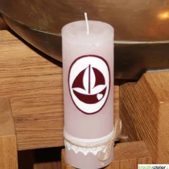 Rustik Geburtskerze personalisierbar mit Segelschiff und Klöppelspitze, Geschenk Geburt Mädchen mit Namen,