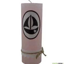 Rustik Geburtskerze personalisierbar mit Segelschiff und Klöppelspitze, Geschenk Geburt Mädchen mit Namen,