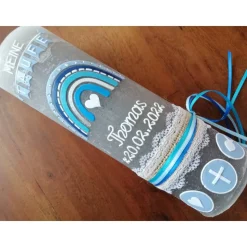 Rustika Vintage-Look Shabby Rustikal Taufkerze Regenbogen Kreuz Herz Ichthys blau Jungen keine Folie Wachsbeschriftung