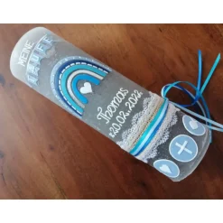 Rustika Vintage-Look Shabby Rustikal Taufkerze Regenbogen Kreuz Herz Ichthys blau Jungen keine Folie Wachsbeschriftung