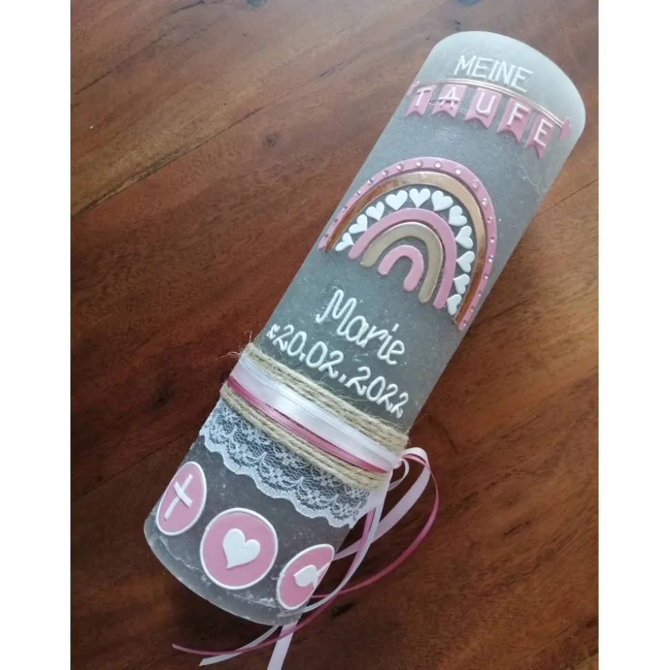 Rustika Vintage-Look Shabby Rustikal Taufkerze Regenbogen Kreuz Herz Ichthys rosa Mädchen keine Folie Wachsbeschriftung