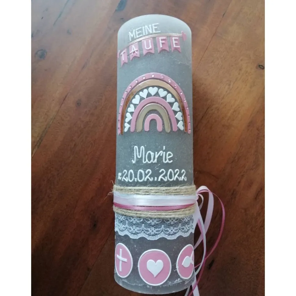 Rustika Vintage-Look Shabby Rustikal Taufkerze Regenbogen Kreuz Herz Ichthys rosa Mädchen keine Folie Wachsbeschriftung