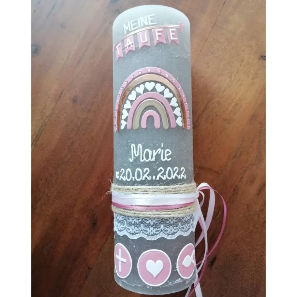 Rustika Vintage-Look Shabby Rustikal Taufkerze Regenbogen Kreuz Herz Ichthys rosa Mädchen keine Folie Wachsbeschriftung