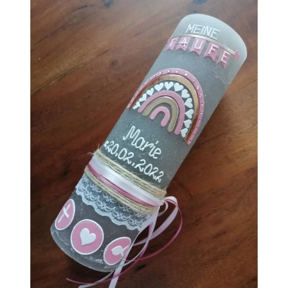 Rustika Vintage-Look Shabby Rustikal Taufkerze Regenbogen Kreuz Herz Ichthys rosa Mädchen keine Folie Wachsbeschriftung