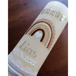 Rustika Vintage-Look Shabby Rustikal Taufkerze Regenbogen Kreuz Herz Ichthys creme Jungen keine Folie Wachsbeschriftung