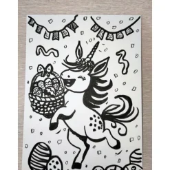 SALE -30% (Code: NEUEABENTEUER) | Handgemalte fröhliche Osterkarte Einhornglück im Osterrausch zum Ausmalen