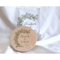 Sandzeremonie Glas mit Holzdeckel Hochzeitsbrauch Windlicht Design Eukalyptus links