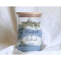 Sandzeremonie Glas mit Holzdeckel Hochzeitsbrauch Windlicht Design Eukalyptus links