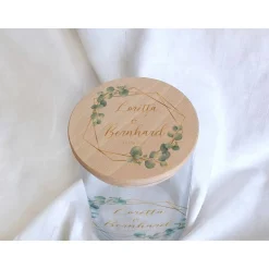 Sandzeremonie Glas mit Holzdeckel Hochzeitsbrauch Windlicht Design Eukalyptus Gold