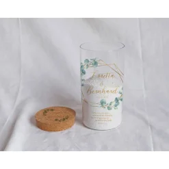 Sandzeremonie Glas mit Holzdeckel Hochzeitsbrauch Windlicht Design Eukalyptus Gold