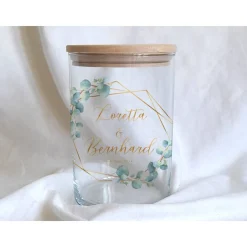 Sandzeremonie Glas mit Holzdeckel Hochzeitsbrauch Windlicht Design Eukalyptus Gold