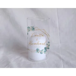 Sandzeremonie Glas mit Holzdeckel Hochzeitsbrauch Windlicht Design Eukalyptus Gold