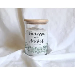 Sandzeremonie Glas mit Holzdeckel Hochzeitsbrauch Windlicht Design Eukalyptus unten