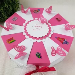 Schachteltorte Torte Dunkelrosa-Weiß Schulanfang Geldgeschenk Gutscheinverpackung