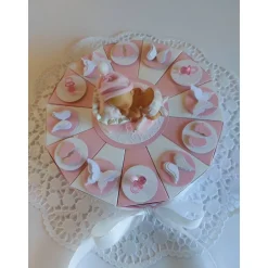 Schachteltorte/Geldgeschenk/Verpackung zur Geburt/Taufe/Baby Shower in rosa/weiß mit 23 cm Ø