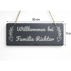 Schiefer Willkommensschild 30×11 cm – personalisiert mit Familienname – Türschild mit Juteschnur – Geschenk zum Einzug