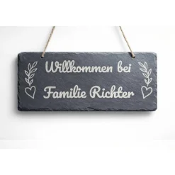 Schiefer Willkommensschild 30×11 cm – personalisiert mit Familienname – Türschild mit Juteschnur – Geschenk zum Einzug