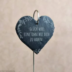 Schieferherz Grabschmuck mit Gravur, individueller Grabstecker mit Wunschtext, Gedenktafel mit Blumen-Motiv
