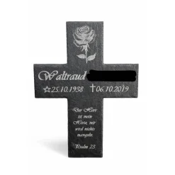 Schieferkreuz 30x20cm personalisiert – Gedenkkreuz mit Wunschgravur als Grabschmuck für Urnengrab & Baumgrab