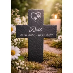 Schieferkreuz 30x20cm personalisiert mit Wunschgravur – Gedenkkreuz & Grabschmuck für Urnengrab, Baumgrab, Grabkreuz