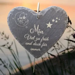 Schieferplatte Herz, Grabschmuck personalisiert, Gedenktafel, Bärchen mit Mond und Sterne