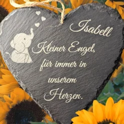 Schieferplatte Herz, Grabschmuck personalisiert, Gedenktafel, Bärchen mit Herz 10cm-25cm