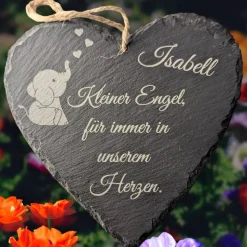 Schieferplatte Herz, Grabschmuck personalisiert, Gedenktafel, Bärchen mit Herz 10cm-25cm